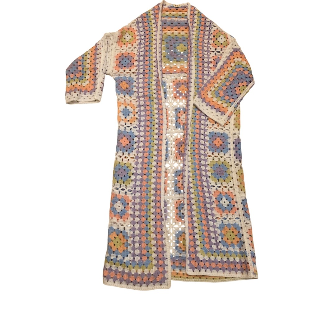 POL Womens Granny Square Crochet Cardigan Duster Pastel Multi SMC82 One Size